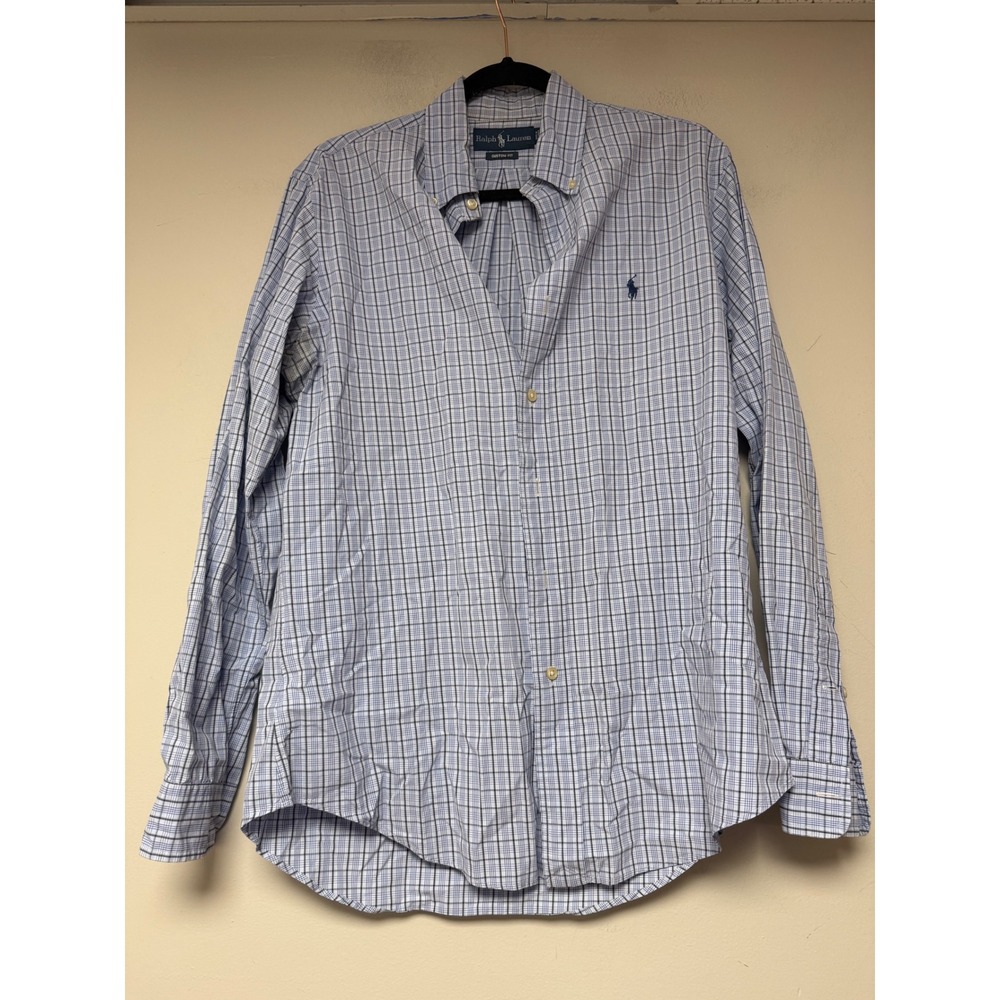 Ralph Lauren Custom Fit Plaid‎ Button Down Shirt Mens Medium Blue White
